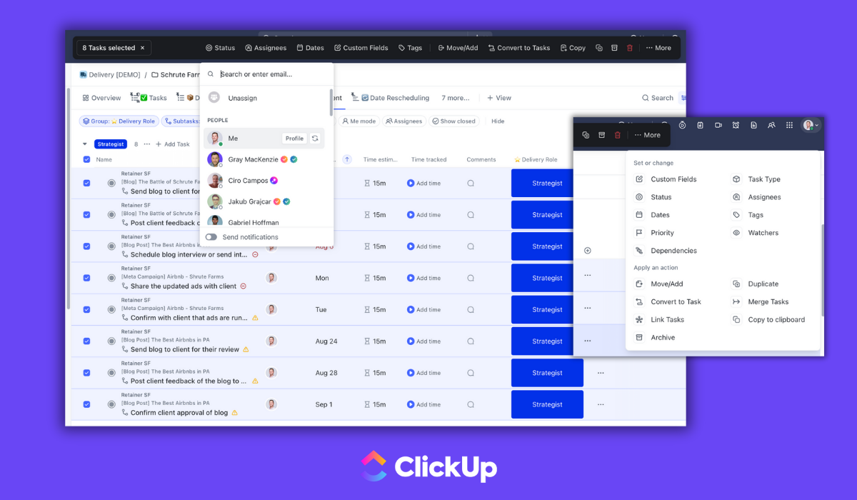 ClickUp vs. Teamwork.com - ClickUp Bulk Action Toolbar